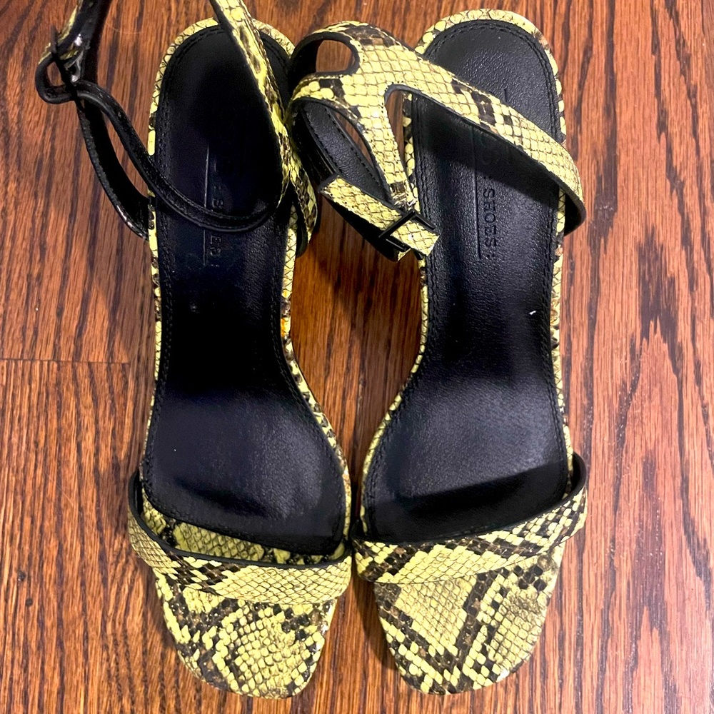 Neon snake print sandals, size 9